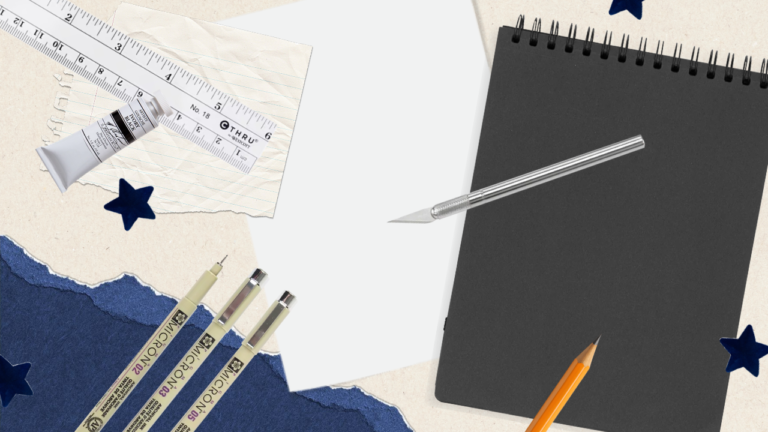 Collage style images of analog graphic design and art tools